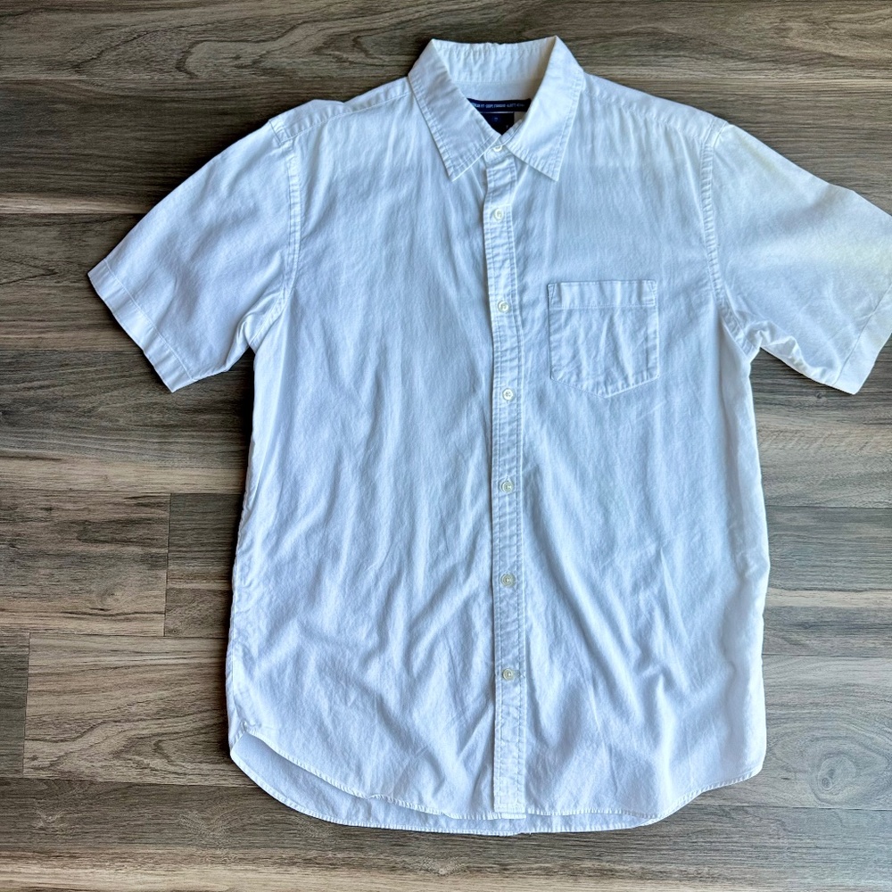 Minimalist Casual Short Sleeve Button Down Cotton‎ White Shirt L